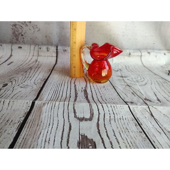 Vintage Hand Blown Crackle Glass Amberina Mini Pitcher Creamer Applied Handle 3" - Picture 3 of 7